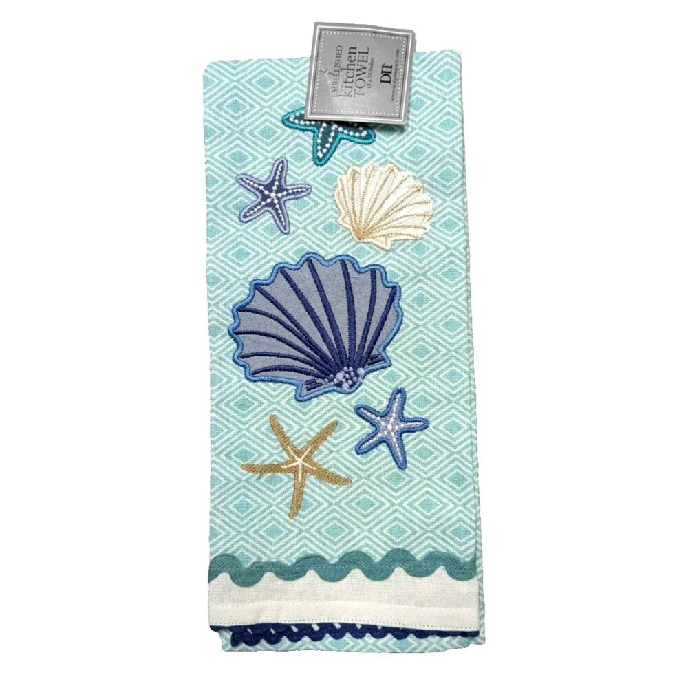 DII Seashells Kitchen Towel Embroidered Applique Rick Rack Trim Blue Beige Gift